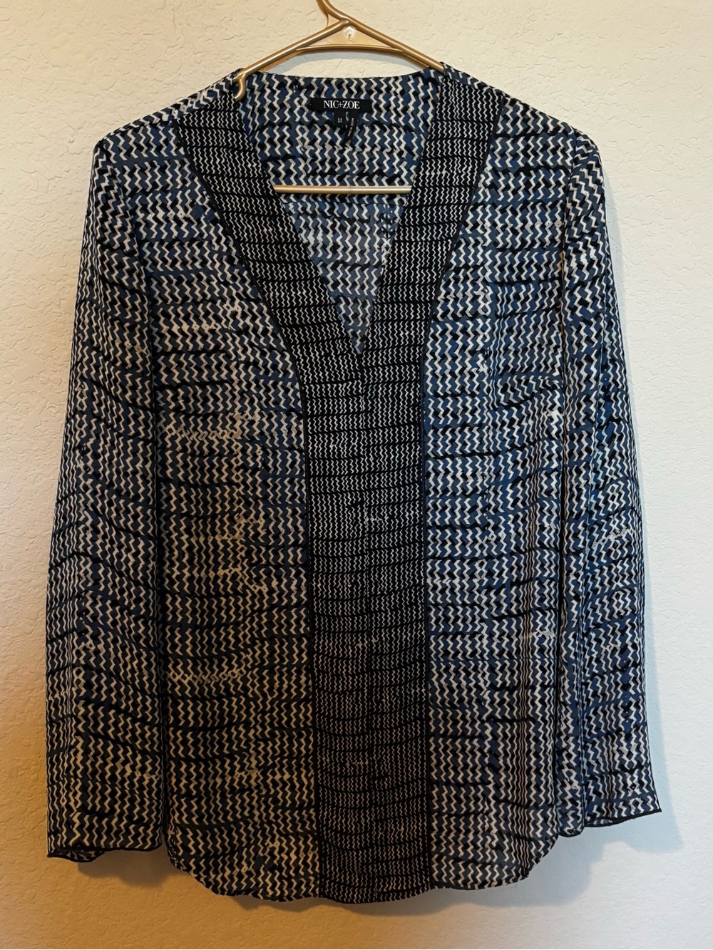 Nic and Zoe Womens Multicolor Longsleeve Blouse Geometric ZigZag Size Medium